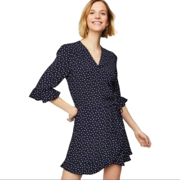 LOFT Polka Dot Wrap Ruffled V-Neck Romper in Navy & White Size 6 Skort Dress - Picture 1 of 16